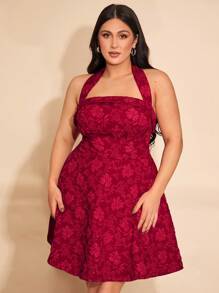 SHEIN BAE Plus Size Women's Red Dress, Spring Solid Color Elegant Sweet Romantic Textured Jacquard Sleeveless Halter Bow Decor Bodycon Peplum Dress, Princess Dress, Valentine's Dress, Party Dress, Romantic Date Dress, Bridesmaid Dress, Ball Gown, Daily Commute Dress, Cherry Red Dress, Birthday Party Dress, Brazilian Carnival, Vacation, Back To School Outfit, Spring/Summer, Concert, Date, Bow
