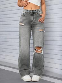 SHEIN Tall 女士高腰破洞男友风牛仔裤，复古 Y2K 水洗牛仔裤