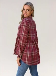 SHEIN LUNE Autumn Green Plaid Vintage Flannel Long Sleeve Peter Pan Collar Cardigan Shirt, Women