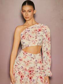 L'Amorae 优雅花卉雪纺单肩镂空褶皱低腰度假开衩超长太阳裙，夏季婚礼宾客礼服，女士春夏装