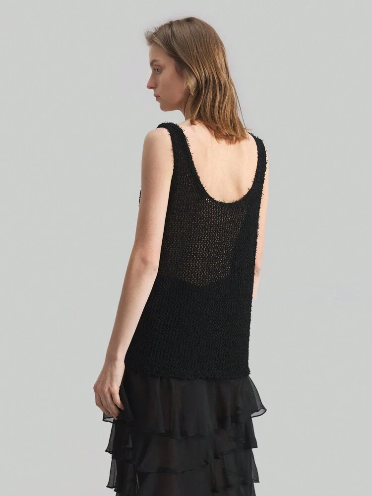 Women's Black Loose Crew Neck Sleeveless Casual Knit Top, Bohemian Style, Everyday Leisure Wear, Spring/Summer 2025