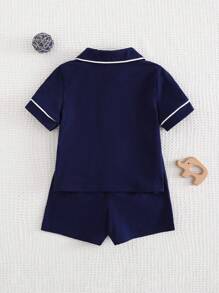 Cozy Pixies Set de 2 piezas de chaqueta de punto de manga corta con cuello de contraste y pantalones cortos de cintura elástica para bebé niño
