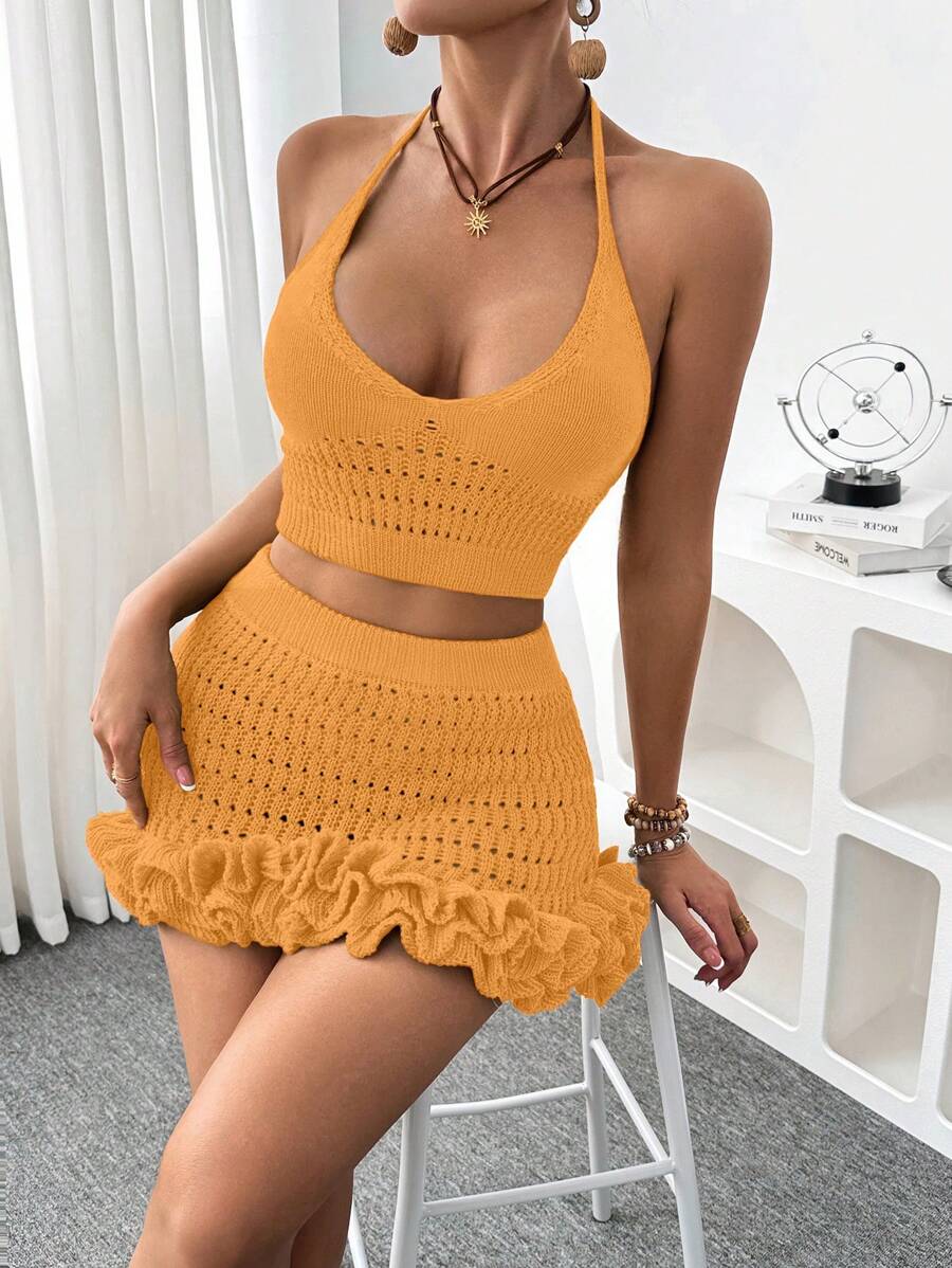 2pcs/Set Women Ruffled Edges Beach Dress Set For Summer Beach Vacation - Yellow - View 1