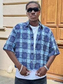 AXEPEAK Áo crop top dệt kẻ caro tay ngắn màu xanh dành cho nam, phù hợp cho mùa hè, sẵn sàng cho phong cách đường phố - Màu xanh lam - Xem 3