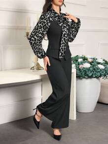 Modelyn Women Leopard Patchwork Tie Collar Long Sleeve Blouse & Pants 2pcs Set - Dark Grey - View 6