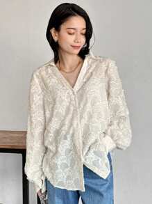 FRIFUL Women's Loose Fit Long Lace Embroidered Blouse Shirt