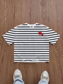 SHEIN EZwear Áo thun nữ họa tiết trái tim đỏ sọc đôi - Đen và trắng - Xem 2