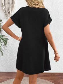 Women's Comfortable Black Floral Applique Casual Dress - Black - View 2