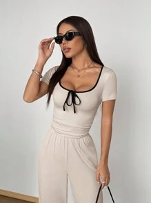Flirla Bộ đồ liền thân cổ trang trí nơ khối màu cho nữ kèm quần ống rộng, trang phục tay ngắn đa năng thường ngày - Màu be - Xem 3