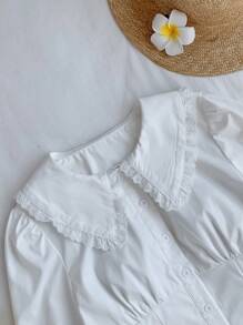 Comfortcana 大码女式优雅刺绣单排扣荷叶边领灯笼袖衬衫，秋冬