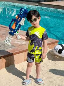 SHEIN 3 Piece Young Boys Boys Casual Sports Swimsuit With Dinosaur Pattern Kids Outfits Young Boy Clothes Back To School Boys Set Suitable For Outdoor Swimming Suitable For Daily Use Suitable For School Suitable For Travel Suitable For Sports Suitable For Spring, Summer, Autumn And Winter Seasons