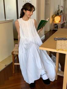 DAZY 女式圆领无袖中长连衣裙，简约时尚休闲，适合日常穿着 - 白色 - 查看 4