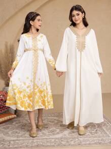 Tween Girls' Elegant Floral Lace & Gradient Rose Print Long Sleeve Dress, Suitable For Daily Work, Parties, Family Gatherings, Casual Vacation, Spring/Summer - White - View 1