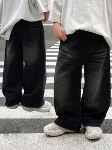 SHEIN 年轻男孩时尚做旧洗水猫须宽松黑色牛仔裤，适合儿童日常穿着和街头服装 - 黑色 - 查看 1