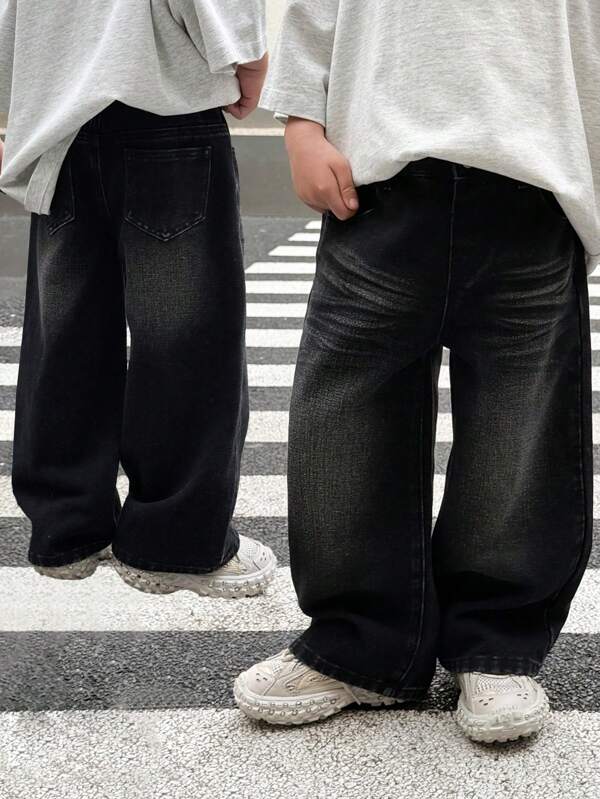 SHEIN Young Boys Fashionable Distressed Washed Cat Whiskers Baggy Loose Fit Black Denim Jeans,For Kids Daily Wear And Streetwear Clothes Outfits