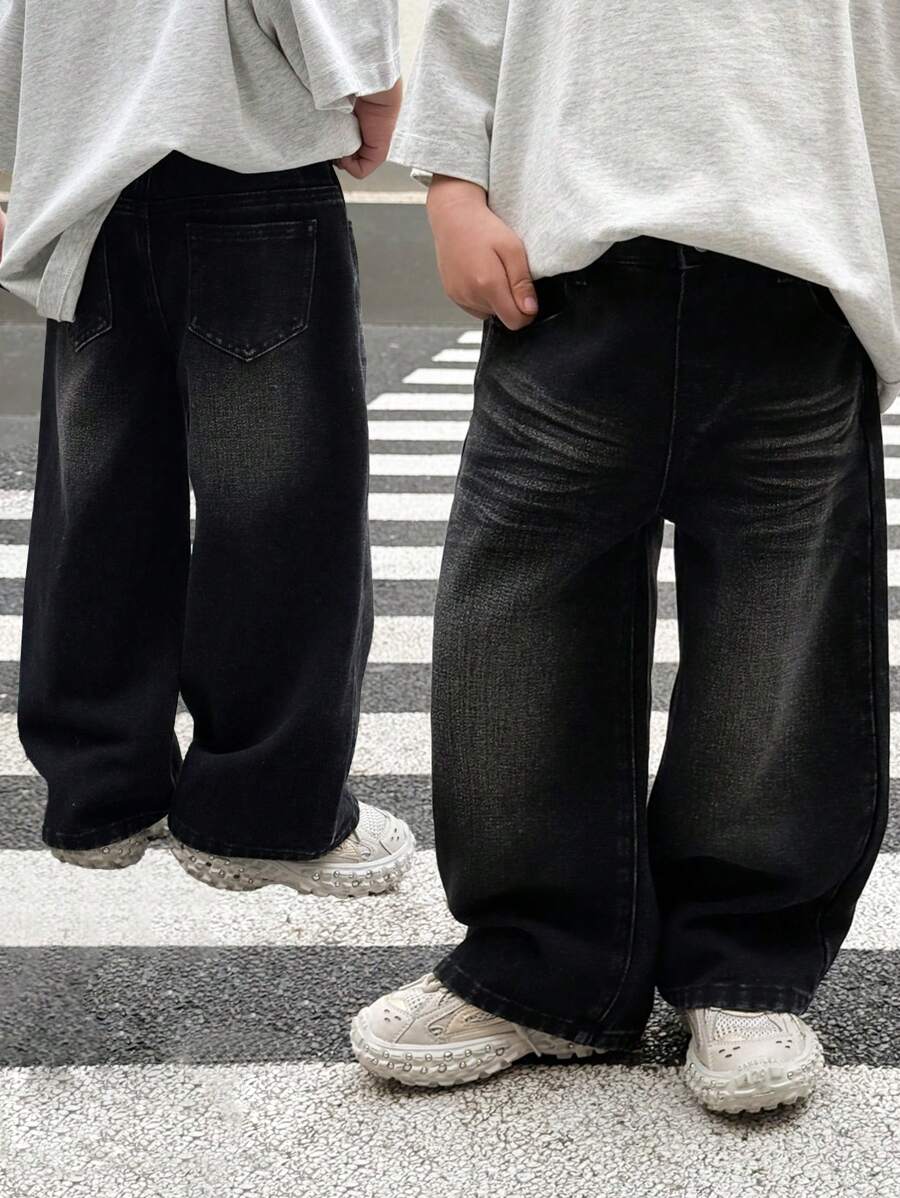 SHEIN 年轻男孩时尚做旧洗水猫须宽松黑色牛仔裤，适合儿童日常穿着和街头服装 - 黑色 - 查看 1