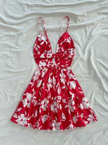 Soleia 女士节日编织花卉印花吊带裙，红色底色，白色花朵，夏季款式，迷你连衣裙 - 紅白色 - 查看 2
