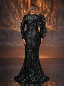 Glamrae 大码优雅浪漫圆领肤色网眼拼接亮片袖 3D 花卉鱼尾礼服，婚礼宾客礼服，适合婚礼庆典活动、派对礼服、晚礼服