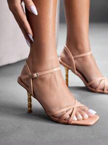 CUCCOO SZL Sandalias altas de tacón cuadrado color albaricoque con tacones metálicos dorados, diseño elegante y sexy con correas cruzadas para damas