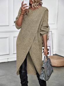 Calvaya Solid Wrap Hem Sweater,Long Sleeve Tops Knit Pullover Fall Winter Sweater - Camel - View 4