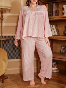 PalaceNights 3D Floral Patchwork Palace Style Embroidery Long Sleeve Pajama Set, Plus Size