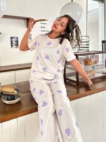 SHEIN 2pcs/Set Teen Girl Heart Print Short Sleeve T-Shirt & Straight Leg Loose Casual Pajamas Set