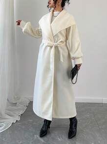 SHEIN Unity 大码优雅简约翻领腰带长款大衣，秋冬