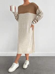 EURMUSE Women Solid Color Patchwork Round Neck Long Sleeve Casual Dress - Khaki - View 3