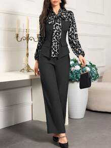 Modelyn Women Leopard Patchwork Tie Collar Long Sleeve Blouse & Pants 2pcs Set - Dark Grey - View 5
