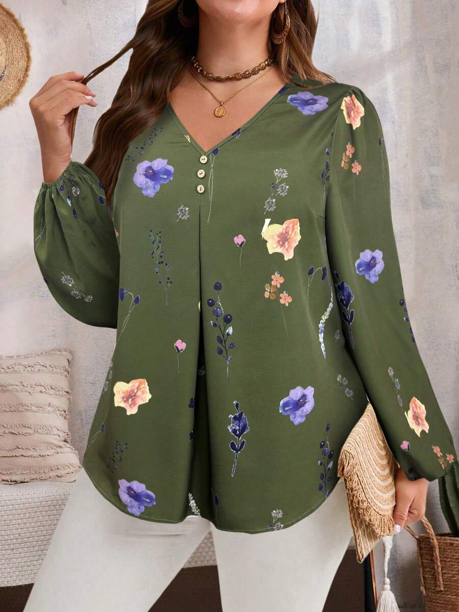 EMERY ROSE 大码女式秋装花卉印花 V 领灯笼袖宽松长袖衬衫