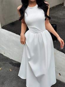 SHEIN Teen Girl Minimalist Sleeveless White Tank Dress, Cinched Waist French Design Long Dress, Suitable For Various Occasions Like Casual Outings, Campus Life And Gatherings, Showing Different Stylish Charm