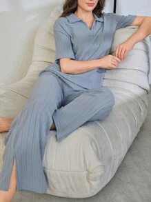 女士休闲罗纹短袖上衣和裤子睡衣套装 - 藍色 - 查看 4