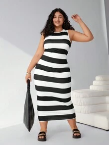 SHEIN EZwear 大码黑白条纹休闲连衣裙，简约时尚，适合日常穿着 - 黑與白 - 查看 6