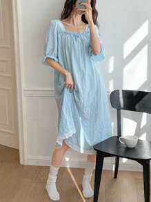 DAZY Sweet Puff Sleeve Ruffle Trim Loose Nightgown Pajama - Baby Blue - View 5
