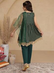 3 件套 Tween 女童绿金箔长衬衫搭配阔腿裤和闪亮围巾 3 件套，适合日常、通勤、家庭聚会和休闲度假