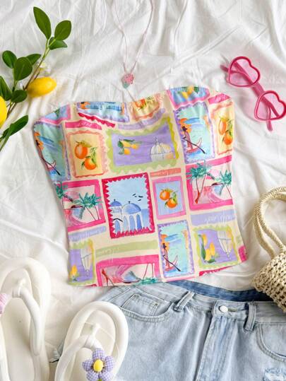 Soleia 女士度假多色海洋生物和沙滩印花舒适针织抹胸，夏季海滩度假