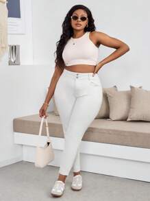 SHEIN Essnce Plus Size Simple Plain Denim Jeans, Casual For Everyday Wear - White - View 4