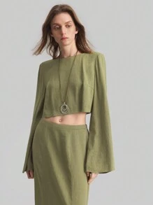 Ontre Women's Solid Color Linen Long Sleeve Crop Top And A-Line Long Skirt 2 Pieces Set, Casual Bohemian Style, Spring/Summer - Green - View 6