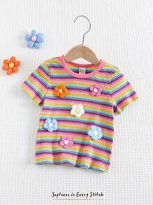 Cozy Pixies Baby Girl Colorful Striped 3D Floral Knit Soft Crew Neck Short Sleeve Pullover Top
