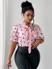Maweii Plus Size Elegant Heart Print Tie Neck Puff Sleeve Blouse - Pink - View 1