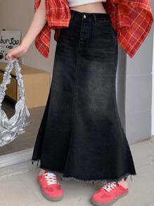 DAZY 女士休闲牛仔A字裙，简约时尚，适合日常穿着的牛仔裙 - 黑色 - 查看 7