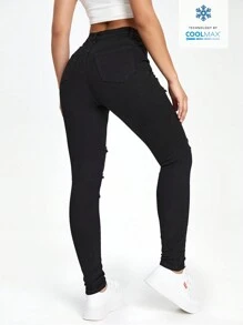 SHEIN EZwear Coolmax Black Slant Pocket Ripped Skinny Jeans - Black - View 2