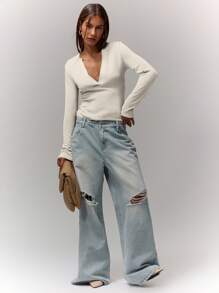 MUSERA Notch Neckline Long Sleeve Fitted Top Casual Vacation Airport Holiday  Back To School  Winter ,Elegant Spring Summer - Beige - View 4