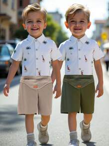6 piezas de conjunto de camisas con cuello polo de botones y pantalones cortos casuales con diseño de árbol de palma y paisaje marino en colores alegres, adecuado para uso diario, escuela, resort, playa, campamento de verano, verano, para niños