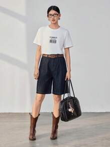 Dazy-Less 休闲商务宽松阔腿及膝直筒牛仔短裤女款老款 - 深色水洗藍 - 查看 2