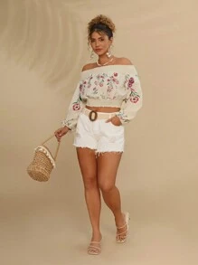 SHEIN VCAY Hơn In hoa Off Shoulder Tay áo lồng đèn Áo sơ mi - Màu be - Xem 1