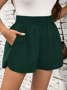 SHEIN LUNE Plus Size Plain Casual Shorts With Pockets, Minimalist Fashion For Everyday Wear St. Patrick's Day Outdoor Essential For Daily Wear