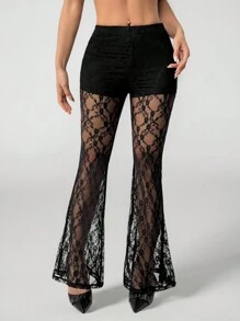 SHEIN PETITE Resort Knitted Lace High Waisted Flared Women's Trousers