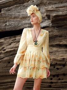 Anewsta Vintage French V-Neck Short Ditsy Floral Dress, Slimming