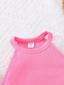 SHEIN Leap Crew 两件套少女休闲针织上衣和碎花迷你裙套装 - 玫紅色 - 查看 3